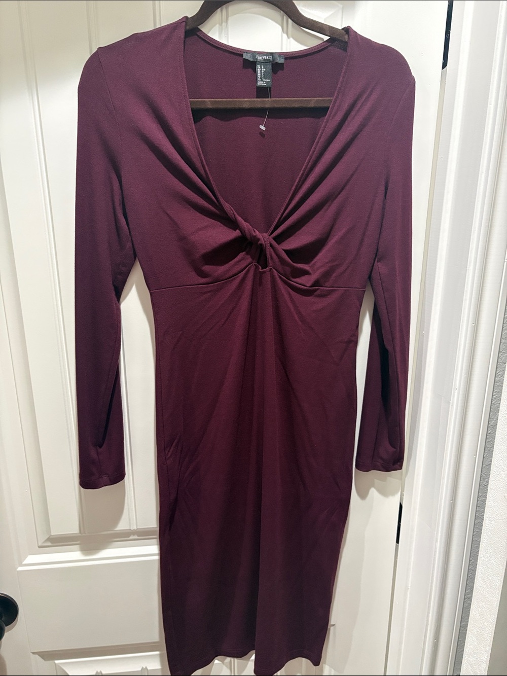 Wine Twist-Front Long Sleeve Dress